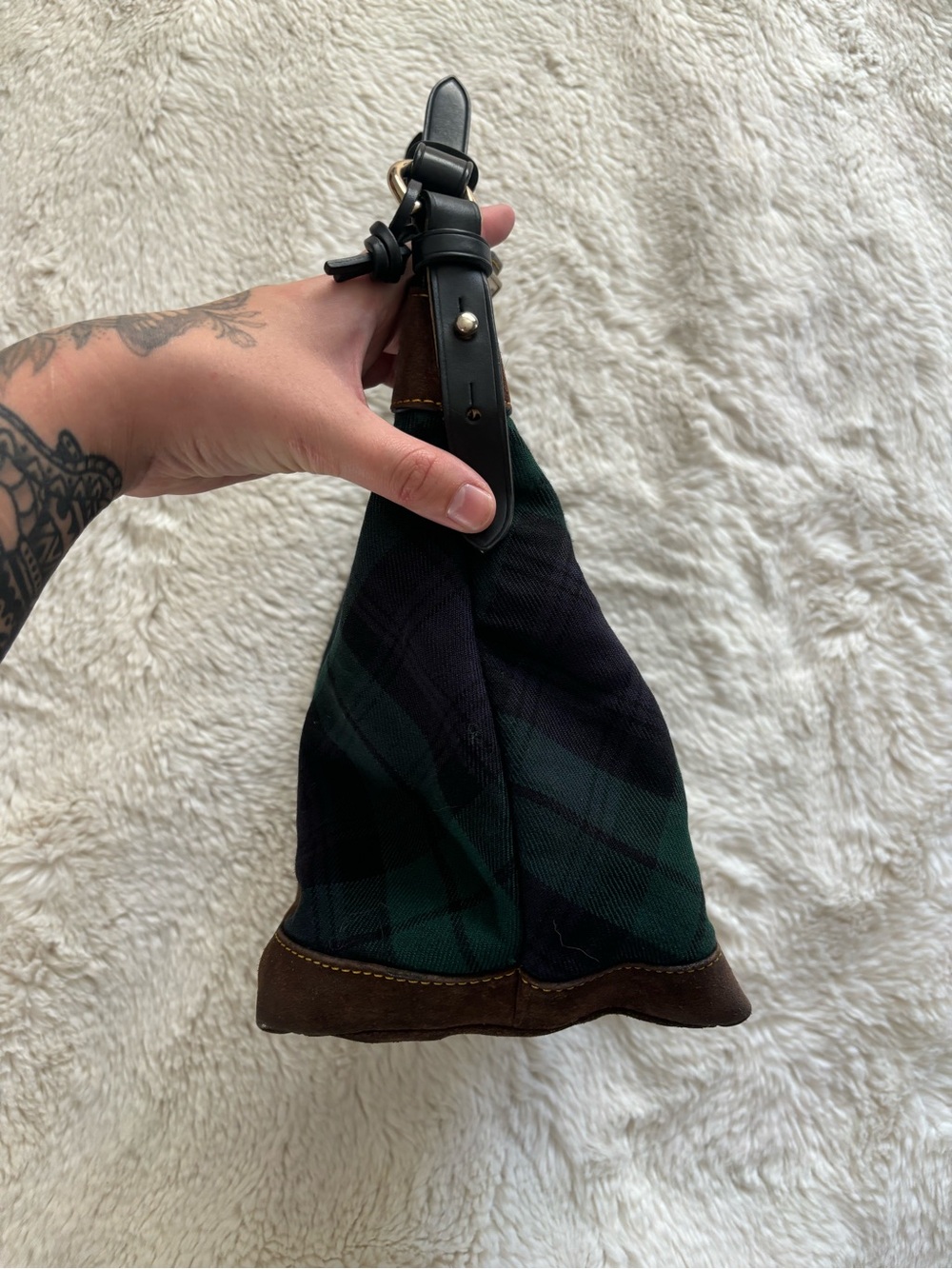 VTG Dooney & Bourke Wool Green and Blue Tartan Plaid Hobo Shoulder Bag - Picture 5 of 12